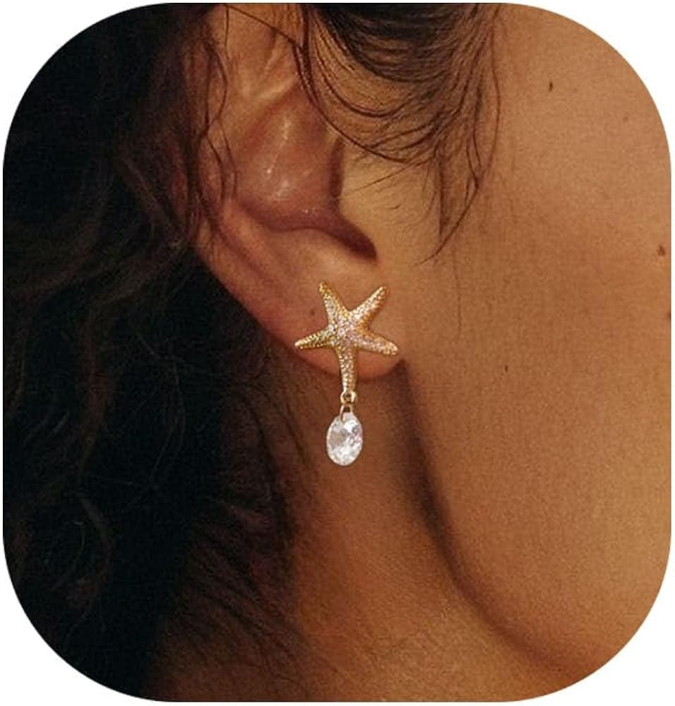 Seashell Earrings for Women,14K Gold Plated CZ Starfish Dangle Earrings Small Shell Dangle Earrin... | Amazon (US)