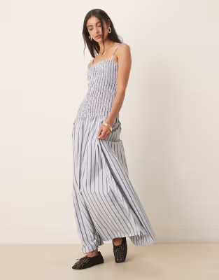 Glamorous shirred drop waist maxi dress in white charcoal stripe | ASOS | ASOS (Global)