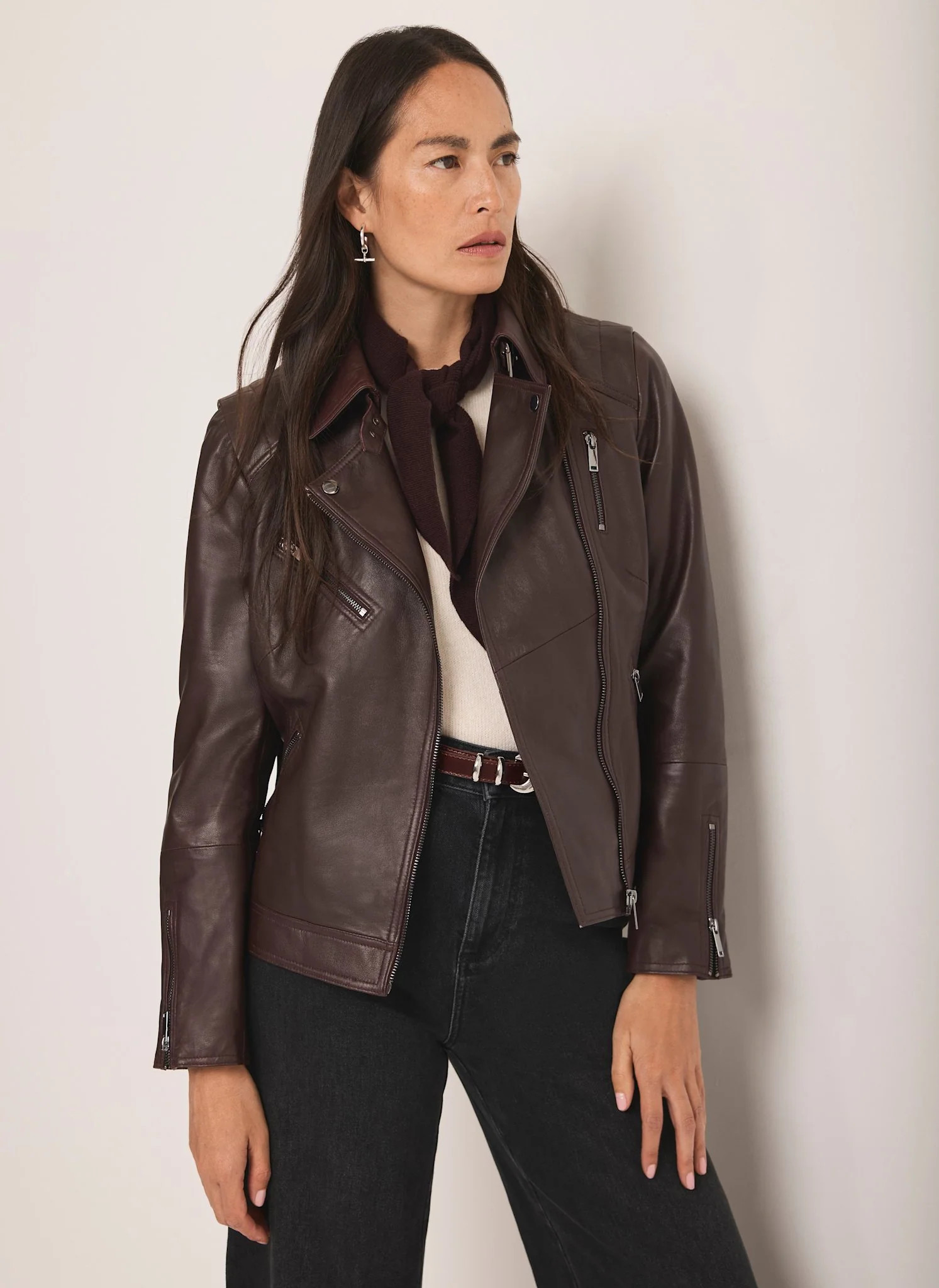 Burgundy Leather Biker Jacket | Mint Velvet