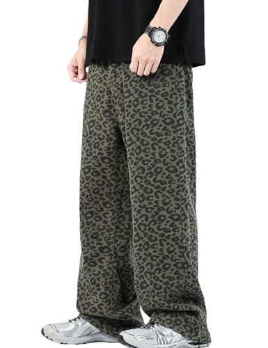 FantasyGears Leopard Print Jeans Men Y2k Baggy Jeans Hip Hop Leopard Jeans Vintage Skater Pants Streetwear, X-Large, Green | Amazon (US)