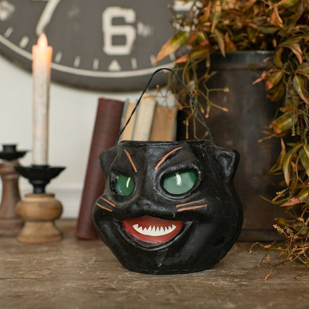 Black Cat Head Paper Mache Bucket | Antique Farm House