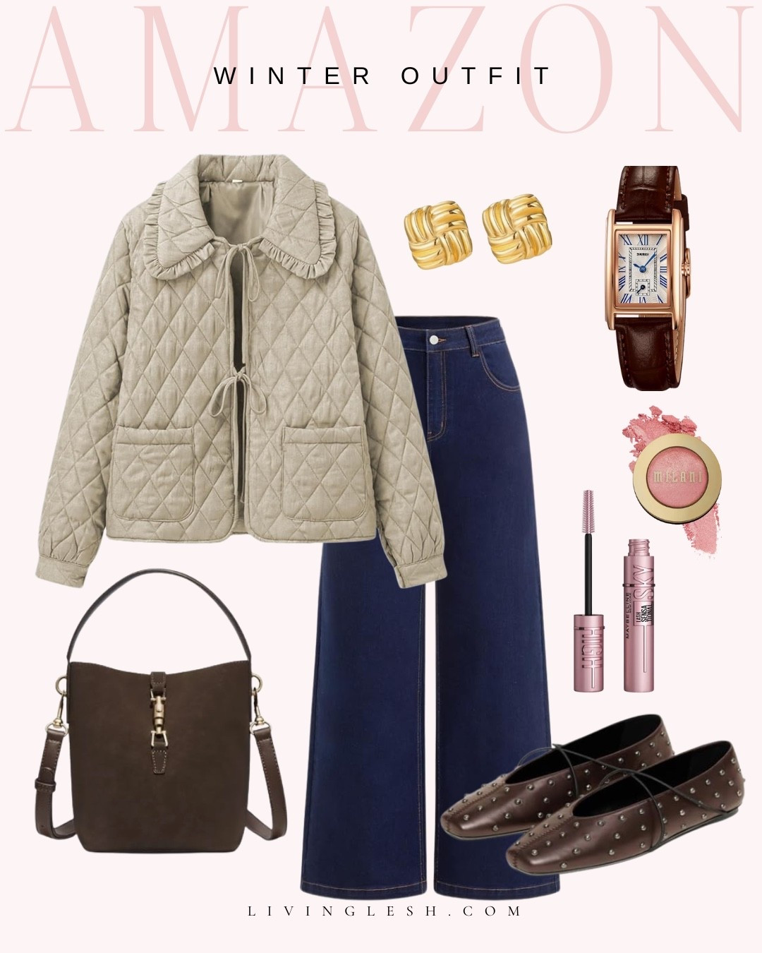 Quilted jacket | Wide leg jeans | Gold earrings | Statement earrings | Blush | Watch | Bucket bag | Mascara | Winter outfit | Winter jacket | Winter style | Casual outfit | Amazon outfit | Amazon fashion

#LTKootd #LTKWorkwear #LTKFindsUnder50