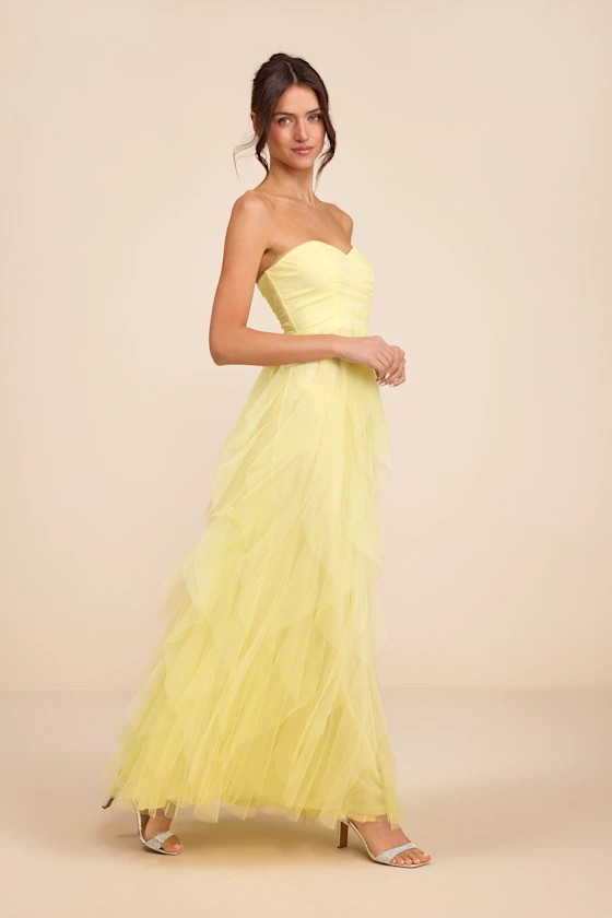 Delightful Beauty Yellow Strapless Ruched Ruffled Maxi Dress | Lulus