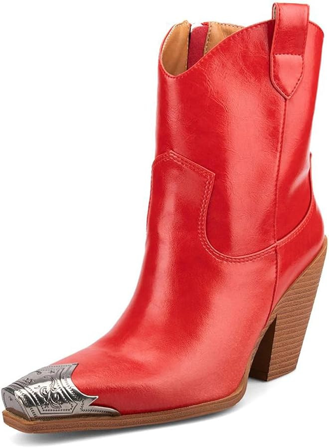 Cowboy Ankle Boots for Women Engraved Steel Toe Cowgirl Boots Stacked Block Heels Short Cowboy Bo... | Amazon (US)