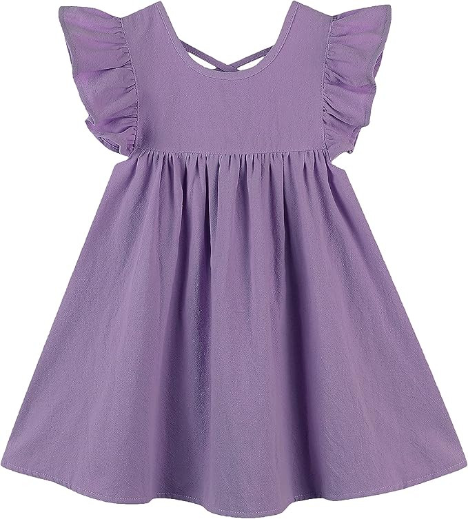 GSVIBK Girls Linen Cotton Dress Flutter Sleeve Back Cross Dress Toddler A-Line Skater Dress Baby ... | Amazon (US)