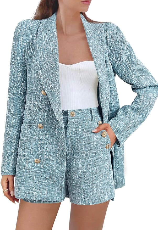 Cicy Bell Womens 2 Piece Tweed Blazer Shorts Sets Long Sleeve Double Breasted Suit Jackets Busine... | Amazon (US)