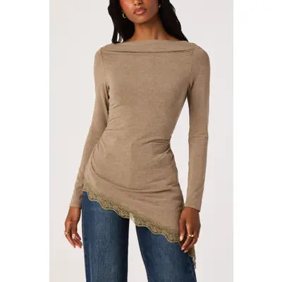 ASTR the Label Fiona Lace-Trimmed Asymmetrical Hem Top in Taupe at Nordstrom, Size Medium | Nordstrom