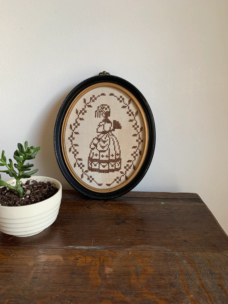 Vintage Framed Needlepoint, Monochrome Oval Portrait | Etsy (Global)