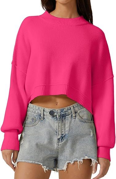 QINSEN Women's Mock Neck Cropped Sweater Long Sleeve Drop Shouler Oversized Knit Pullover Tops | Amazon (CA)