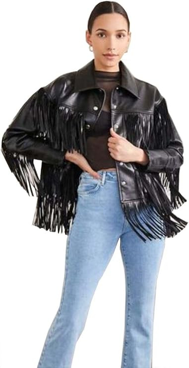 Women Vintage Biker Rider Motorcycle Retro Moto Genuine Leather Fringe Jacket | Amazon (US)
