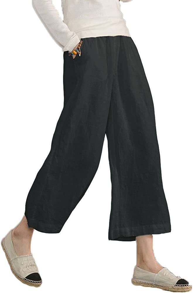 ECUPPER Womens Casual Loose Elastic Waist Cotton Trouser Cropped Wide Leg Pants | Amazon (US)