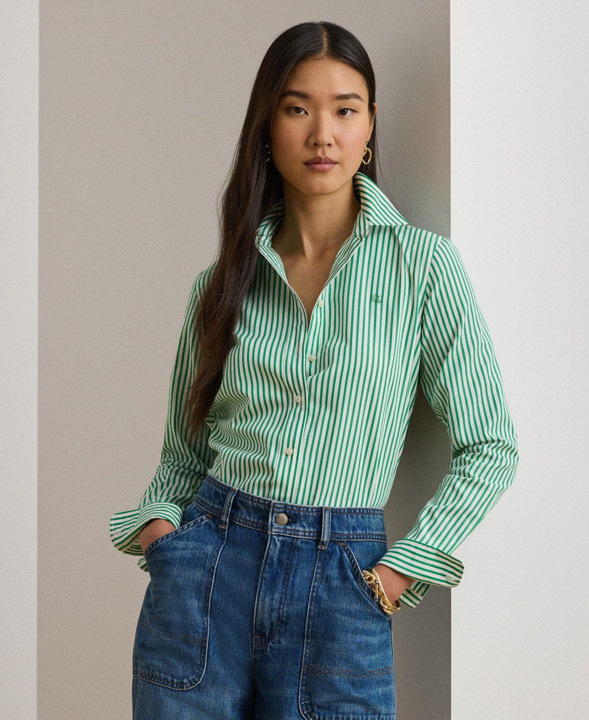 Lauren Ralph Lauren Women's Striped Long-Sleeve Shirt - Green/White Multi | Macy's