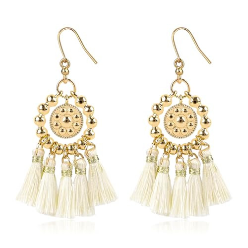 Bohemian Dangle Tassel Earrings for Women 14K Gold Plated Tassel Gold Ball Beads Hoop Fringe Chandelier Earrings Beaded Circle Hoop Boho Statement Earrings Handmade Party Jewelry Gift for Teen, Beige | Amazon (US)