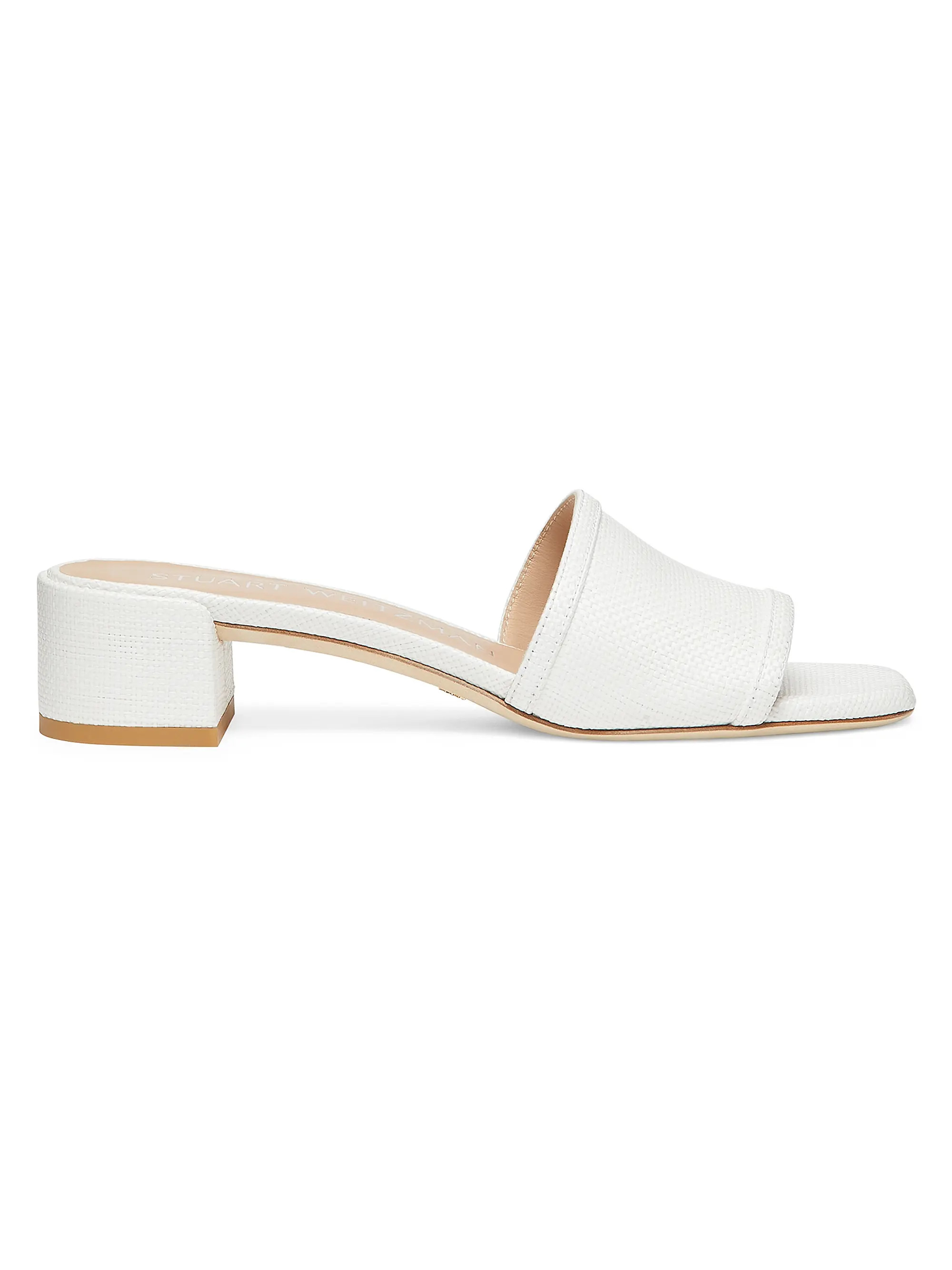Shop Stuart Weitzman Cayman 35MM Linen Block-Heel Sandals | Saks Fifth Avenue | Saks Fifth Avenue