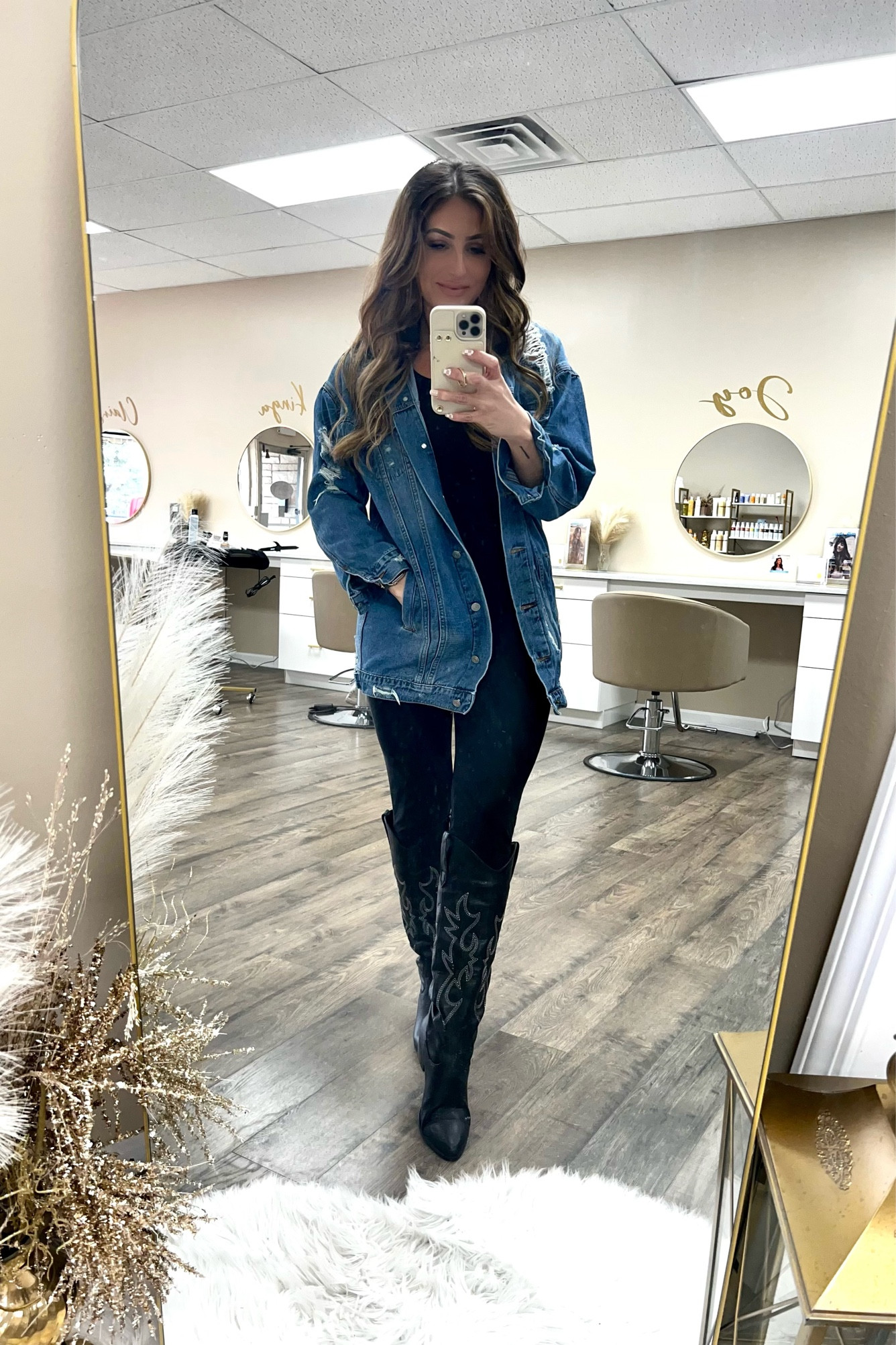 Todays ootd 
Long denim jacket 
Black full bodysuit 
Black cowboy boots 
Black western boots 
Black cow girl boots 

#LTKstyletip #LTKunder100 #LTKworkwear