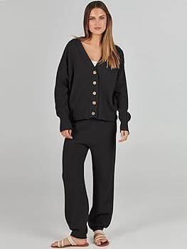 ANRABESS Women 2 Piece Outfits Waffle Knit Long Sleeve Cardigan Set Casual Sweater Pants Lounge S... | Amazon (US)