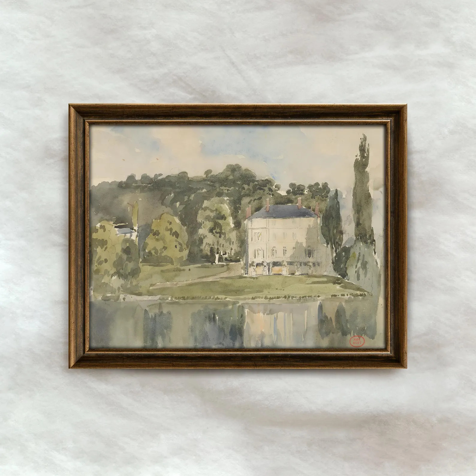 Vintage French Riverside Painting | Vintage European Manor Artwork | Antique Landscape Wall Art |... | Etsy (Global)
