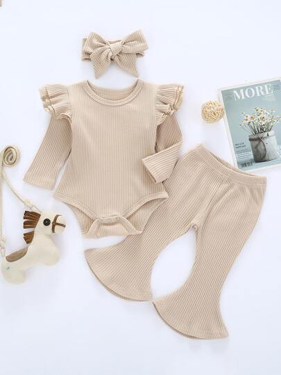 Baby Layered Ruffle Bodysuit & Flare Leg Pants & Headband | SHEIN