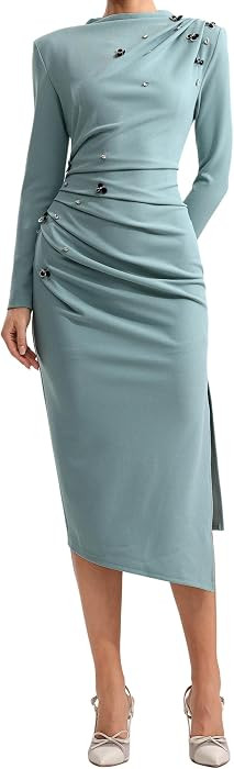 Green Long Sleeve Wedding Guest Dress Cowl Neck Asymmetric Knit Pleated Sequin Cinched Waist Midi... | Amazon (US)