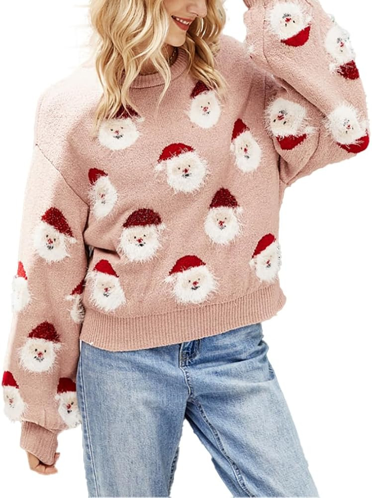 Women's Christmas Sweater Santa Claus Long Sleeve Pullover Sweatshirts 2023 Xmas Pattern Crew Nec... | Amazon (US)
