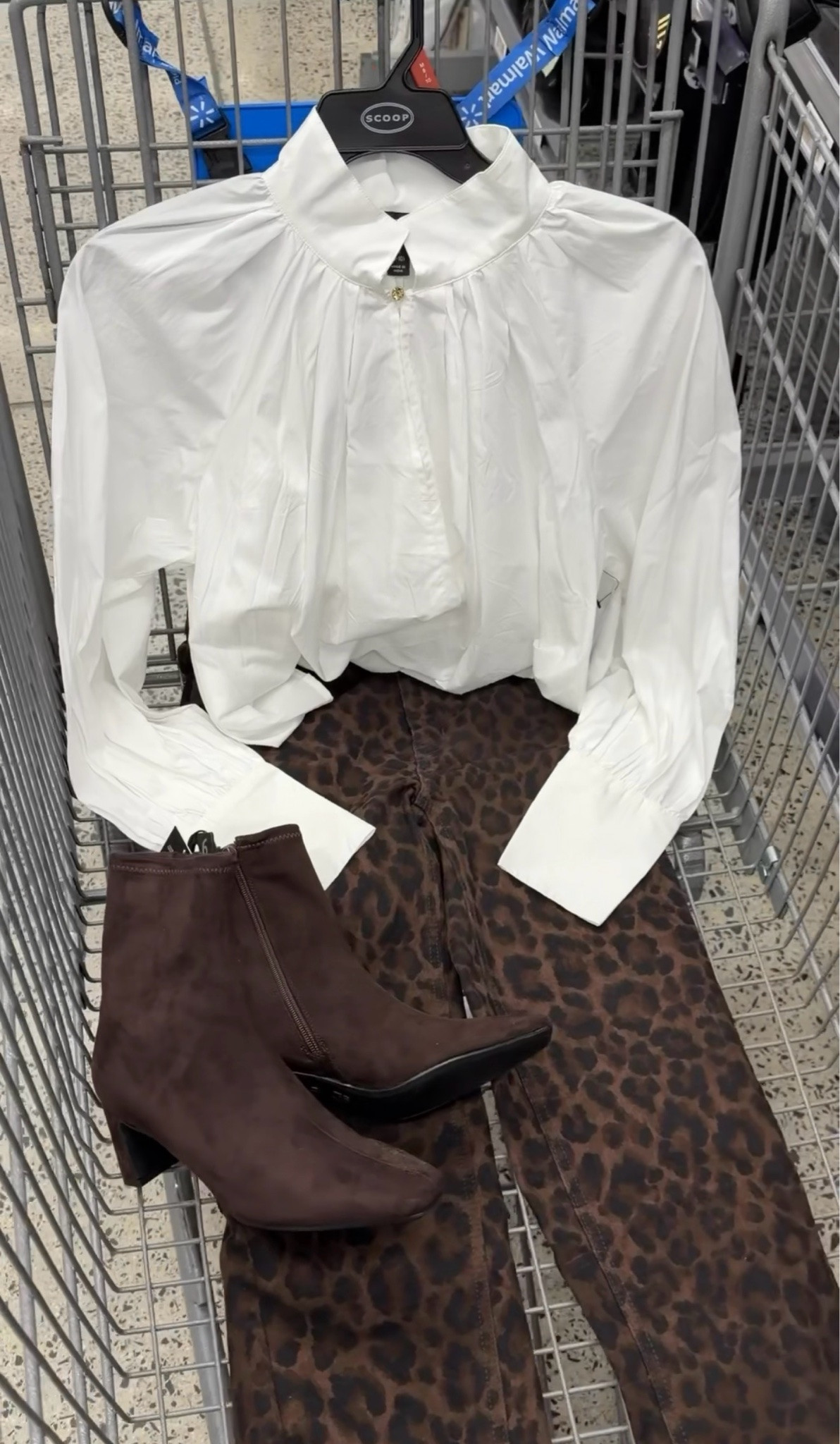 Walmart leopard jeans outfit idea with a chic white blouse and chocolate brown ankle boots. #walmartfashion