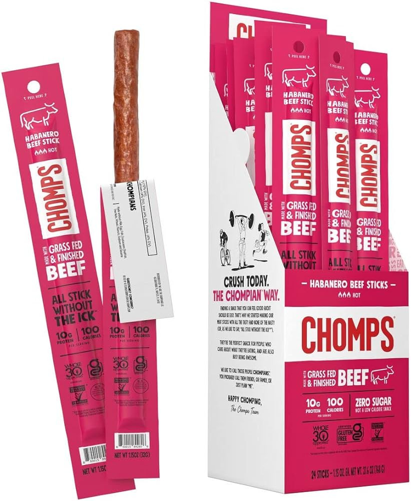 CHOMPS Grass Fed Spicy Habañero Beef Jerky Snack Sticks, Keto, Paleo, Whole30 Approved, Non-GMO,... | Amazon (US)