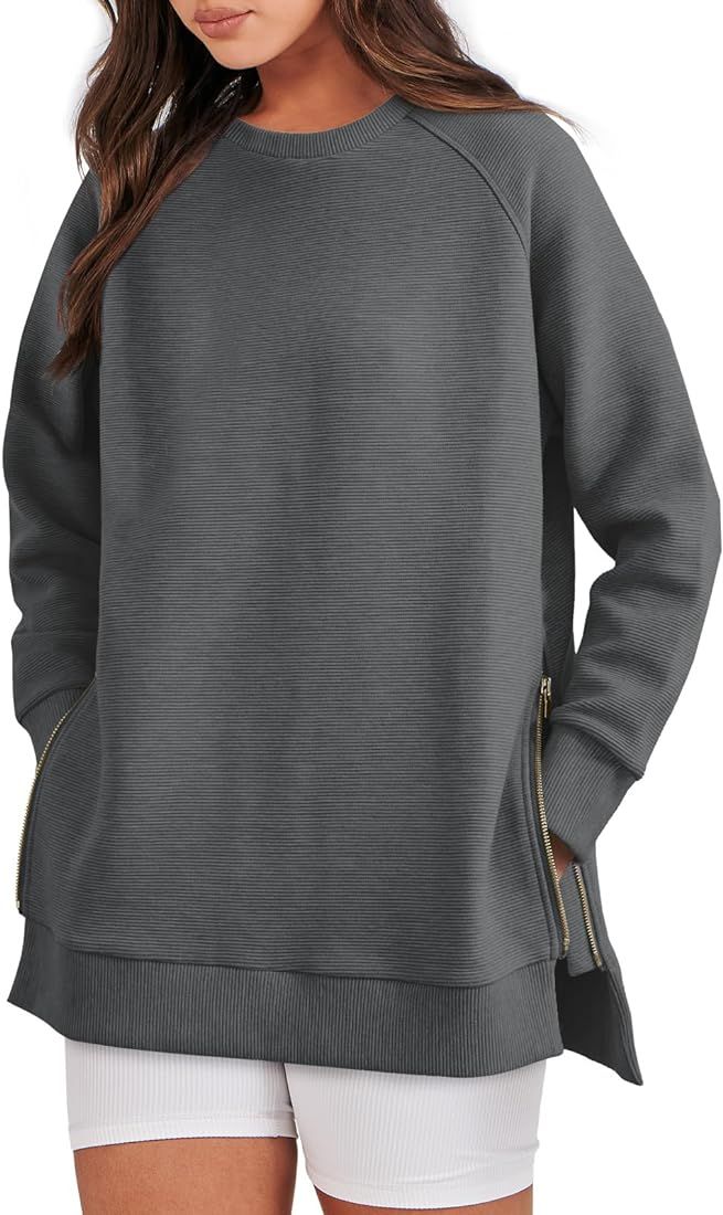 Caracilia Womens Oversized Sweatshirts Long Sleeve Crewneck Pullover Tunic Tops with Side Zipper ... | Amazon (US)
