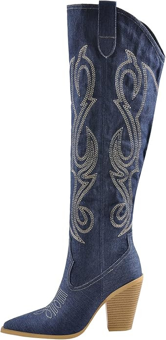 LISHAN Women's Western Cowboy Cowgirl Boots Knee High Denim Chunky Heels | Amazon (US)