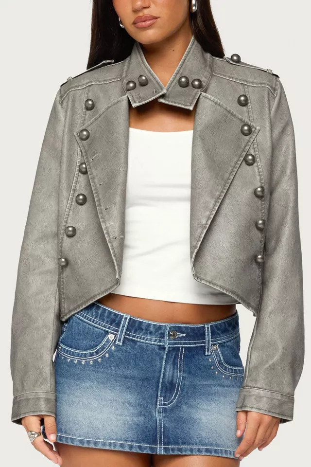 Edikted Torie Faux Leather Napoleon Jacket in Gray, Women's at Urban Outfitters | Urban Outfitters (US and RoW)