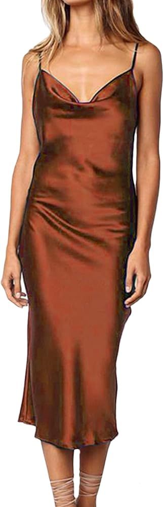 xxxiticat Women's Sleeveless Spaghetti Strap Satin Dress Cocktail Beach Evening Party Cowl Neck Dot  | Amazon (US)