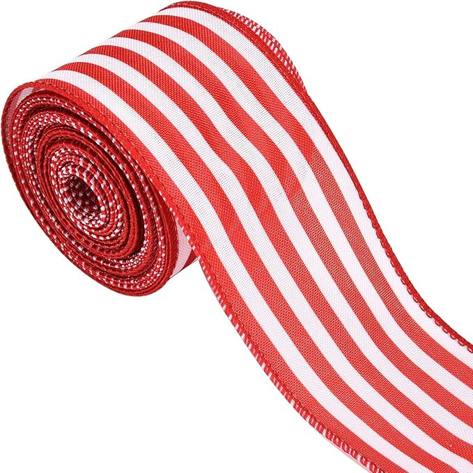 Christmas Ribbon for Tree, Red and White Striped Ribbon Wired Vertical Strip Fabric Ribbon Gift W... | Amazon (US)