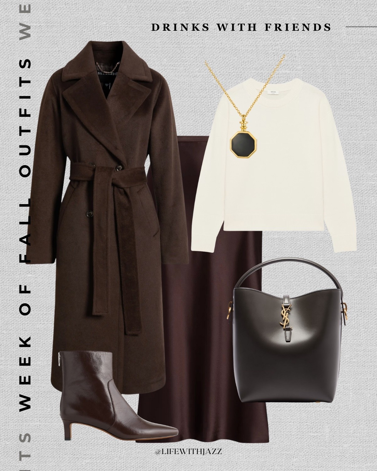 A week of fall outfits 

Fall style / fall fashion /drinks with friends / dinner outfit / brown coat / cream cashmere sweater / brown satin skirt / brown leather booties / YSL tote / dressy outfit 

#LTKStyleTip #LTKSeasonal