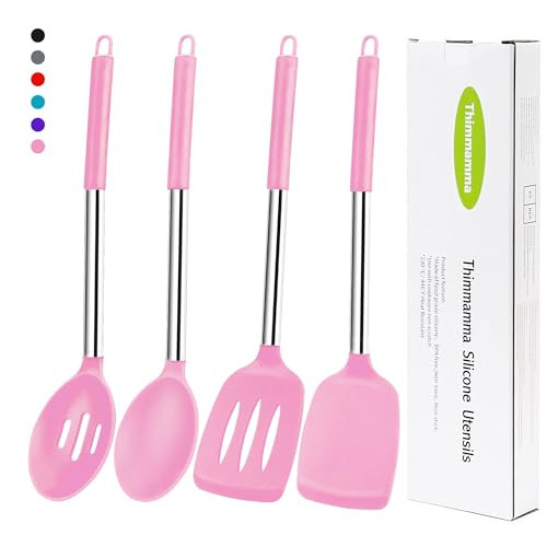 Silicone Spatula Spoon Set, 4 PCS Silicone Cooking Utensils Spatula Spoon Set with Stainless Steel Handle, BPA Free Kitchen Turners for Frying, Mixing, Serving, Draining, Turning, Stirring, Pink | Amazon (US)