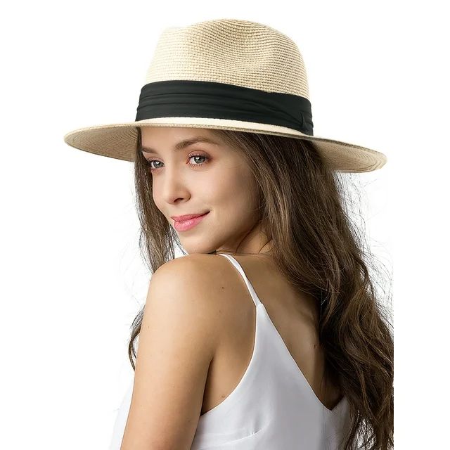 Panama Hat Sun Hats for Women Men Wide Brim Fedora Straw Beach Hat UV UPF 50- Beige- L | Walmart (US)