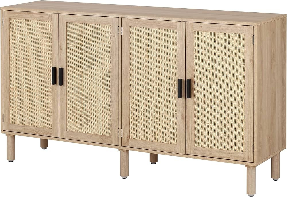 Finnhomy 4 Door Sideboard Buffet Cabinet, Kitchen Storage Cabinet with Rattan Decorated Doors, Cu... | Amazon (US)