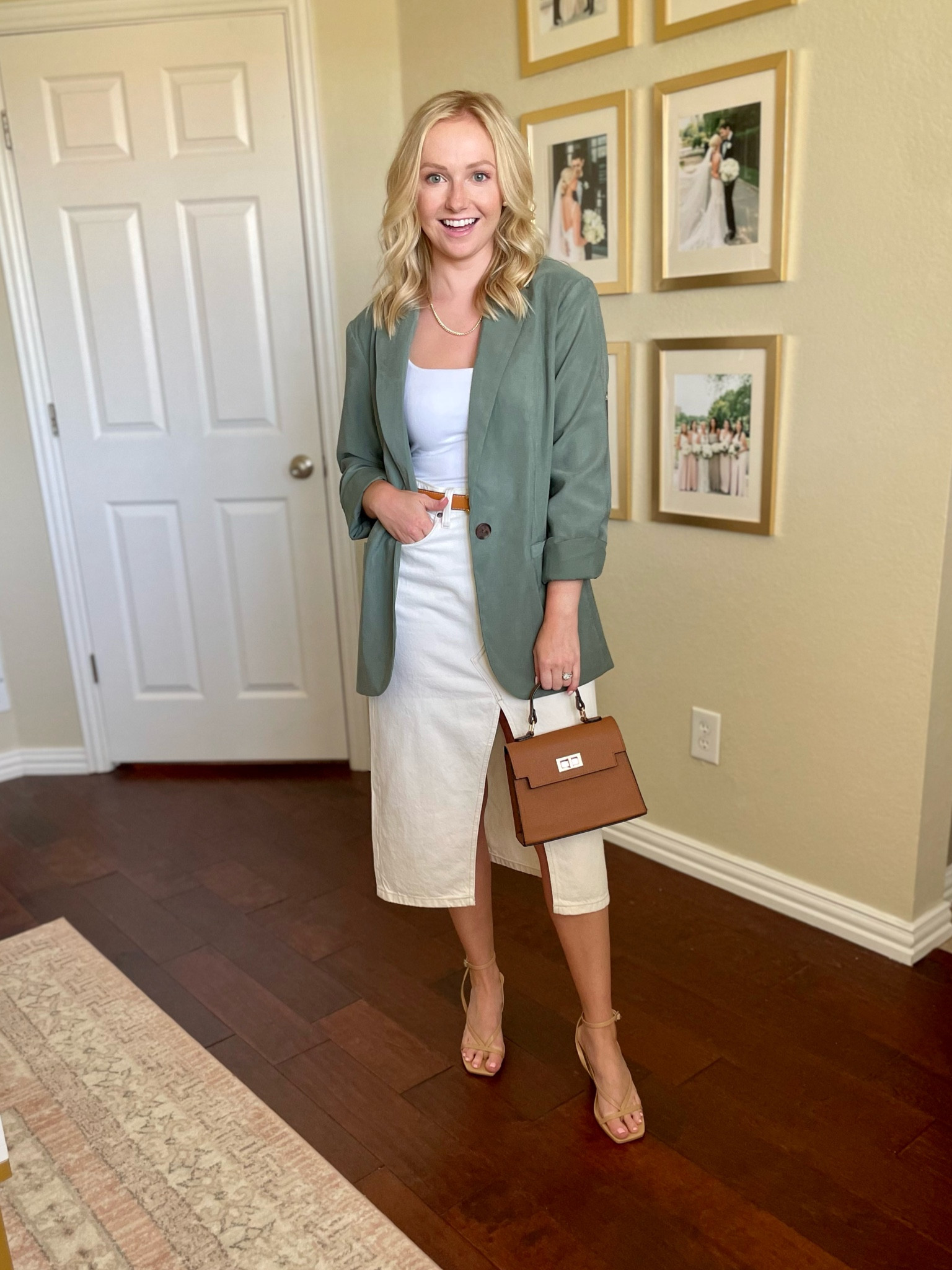 Blazer is oversized, wearing an XS and 25P in skirt | green blazer, fall blazer, blazer outfit, denim skirt, white denim skirt, denim midi skirt, brown crossbody 

#LTKFind #LTKSeasonal #LTKstyletip