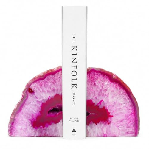 Sisamn Natural Pink Dyed Agate Geode Bookends - 3 to 4 lb Heavy Duty Rock Crystal Stone Book Ends for Shelves, with Rubber Bumpers, Decorative Book Holders for Home Office | Amazon (US)