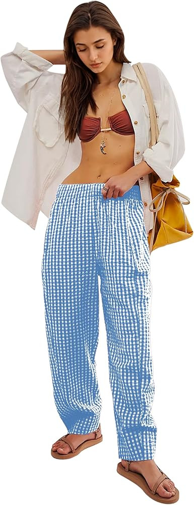 Women's Mid-Rise Plaid Wide Leg Lounge Long Pant Classic Gingham Print Stretchy Elastic Waist Tro... | Amazon (US)