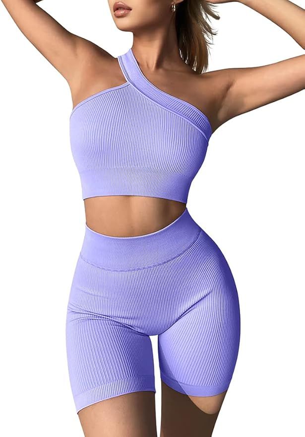 OQQ Workout Outfits for Women 2 Piece Ribbed Seamless High Waist Shorts with One Shoulder Crop To... | Amazon (US)