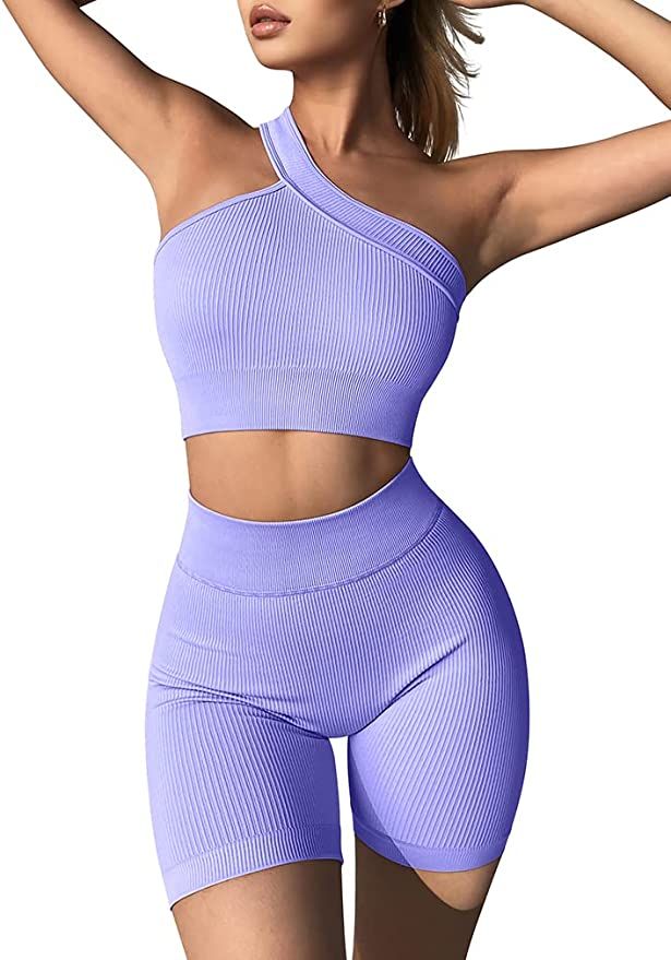 OQQ Workout Outfits for Women 2 Piece Ribbed Seamless High Waist Shorts with One Shoulder Crop To... | Amazon (US)