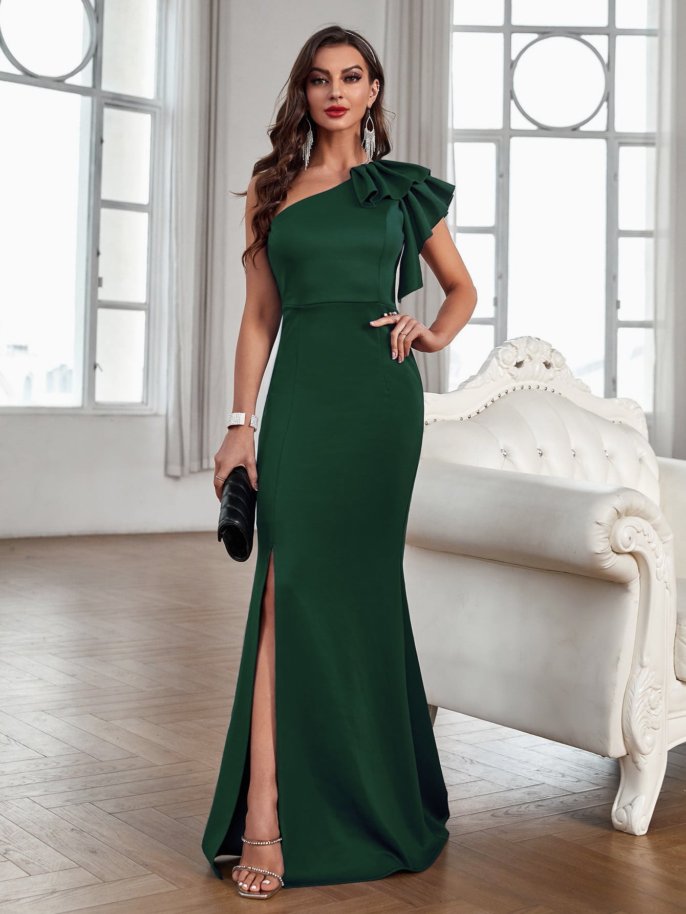 SHEIN Belle One Shoulder Ruffle Trim Slit Mermaid Hem Prom Bridesmaid Dress | SHEIN