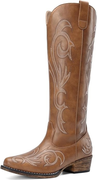 DREAM PAIRS Womens Cowboy Boots Comfortable Cowgirl Knee High Boots Pull On Side Zipper Chunky He... | Amazon (US)