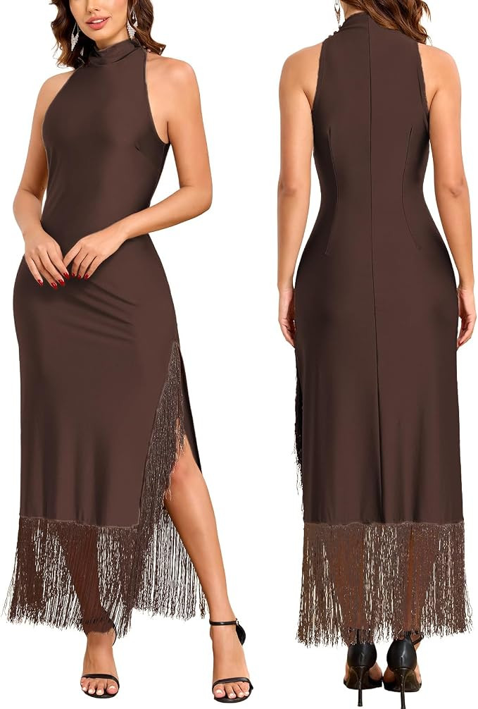 Women High Neck Halter Flapper Maxi Dress Slit Gatsby Vintage Tassel Dress | Great Gatsby 1920s F... | Amazon (US)