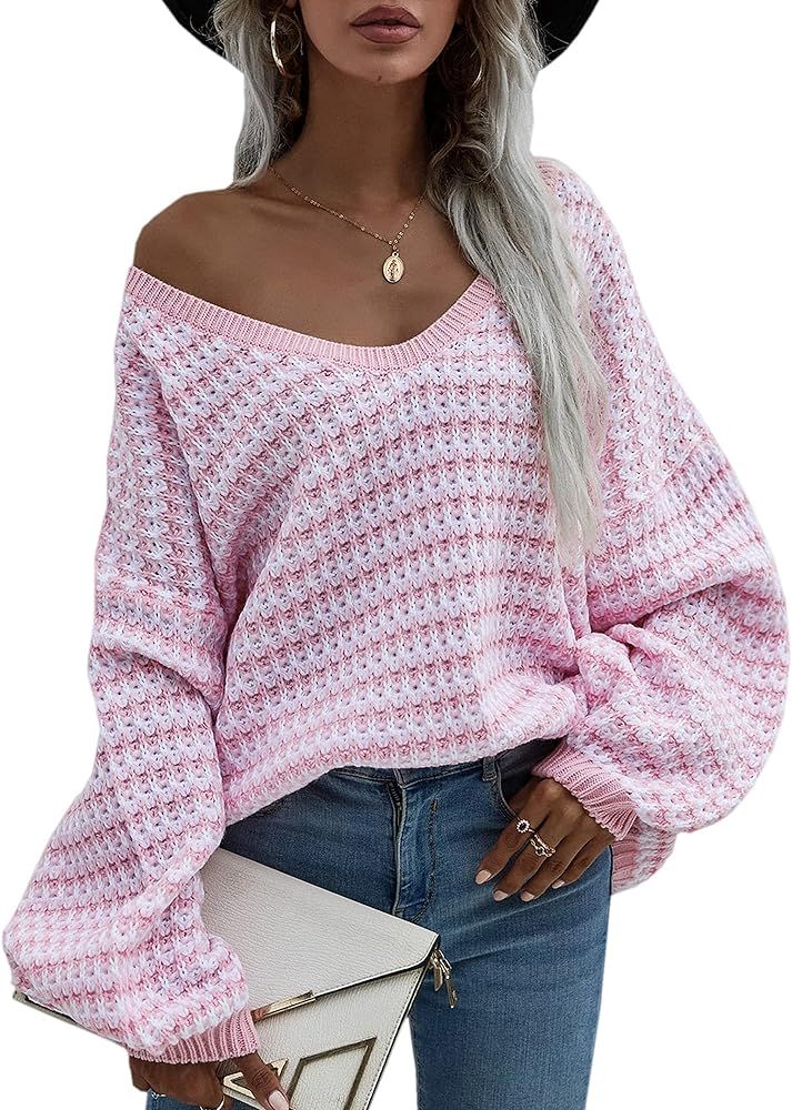 Angashion Womens Sweaters Pullover Oversized Deep V Neck Off Shoulder Tops Long Sleeves Loose Knit S | Amazon (US)