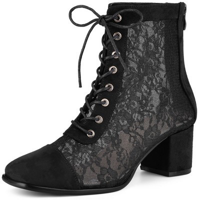 Perphy Women's Square Toe Lace Up Flowers Lace Block Heels Ankle Boots Black 9.5 | Target