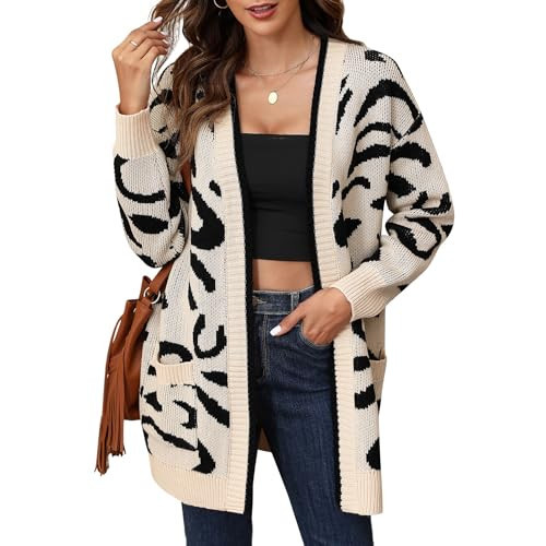 Women's Long Sleeve Animal Print Cardigan Leopard Knit Sweater Open Front Casual Sweater with Pockets Coat for Women Winter Fall Beige S | Amazon (US)