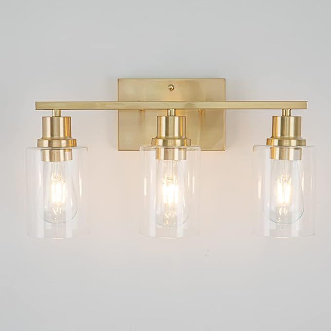 EMONG Gold Bathroom Light Fixtures,3-Lights Vanity Light with Clear Glass Shade,Brushed Brass Wal... | Amazon (US)