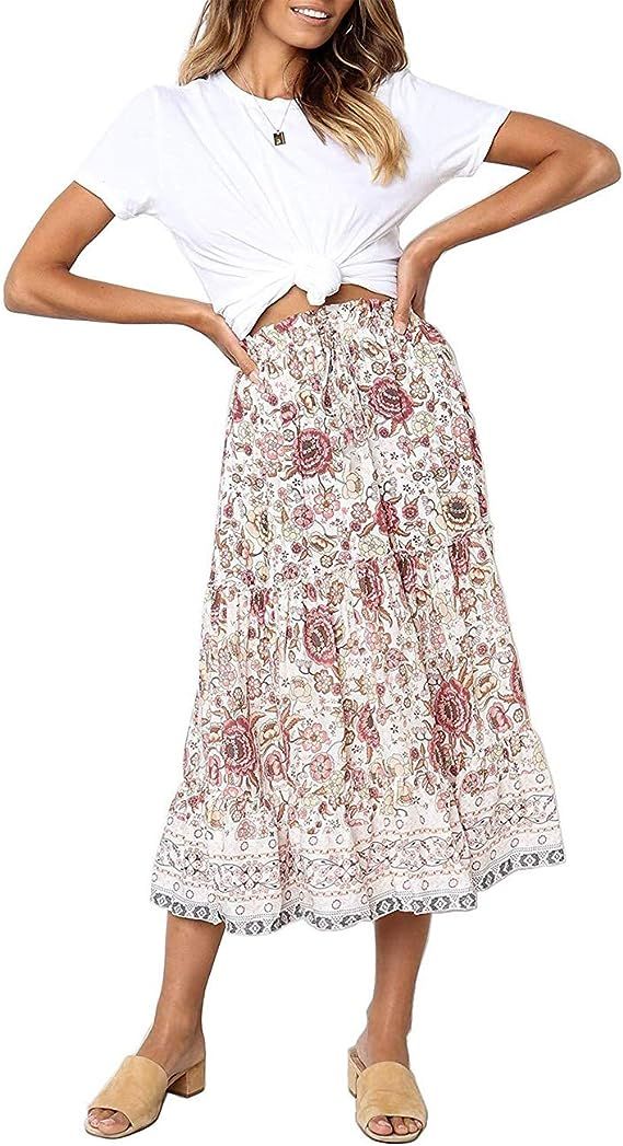 MEROKEETY Women's Boho Floral Print Elastic High Waist Pleated A Line Midi Skirt with Pockets | Amazon (US)