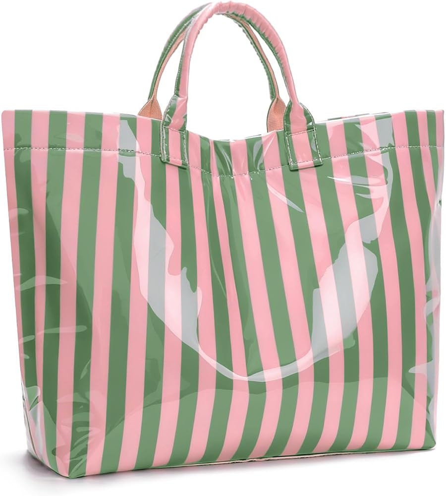 Striped PVC Tote Bag Large Glossy Striped Handbags Waterproof Top Handle Bag Plastic Tote Handbag... | Amazon (US)