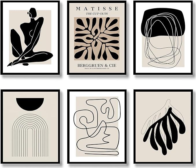 Quzenu Boho Wall Art Mid Century Modern Decor Canvas Prints Set of 6 Black And White Neutral Abst... | Amazon (US)